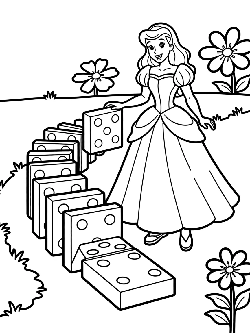 A Disney princess playing a game of giant dominoes, setting them up.