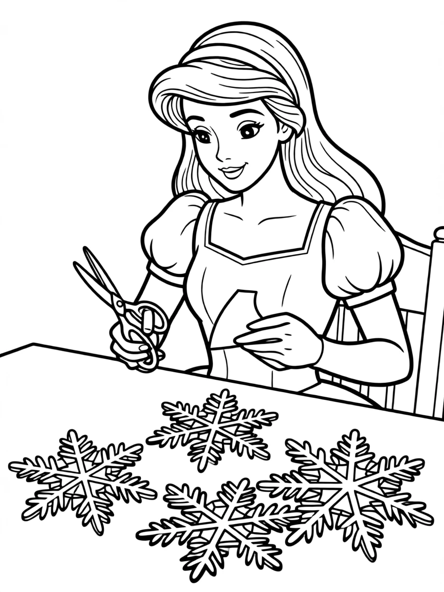 A Disney princess making a beautiful, intricate paper snowflake.