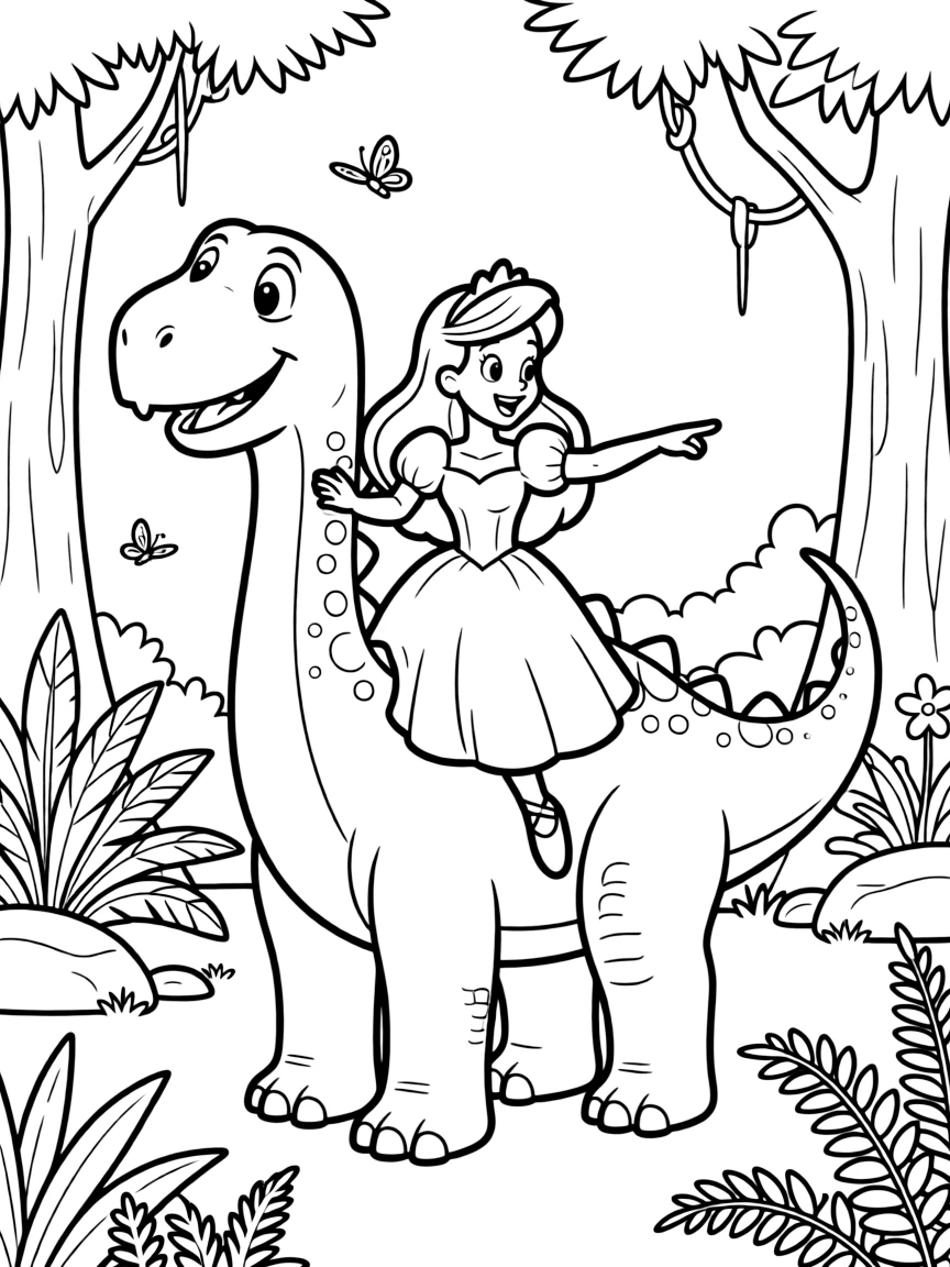 A Disney princess on a friendly dinosaur, exploring a hidden jungle.