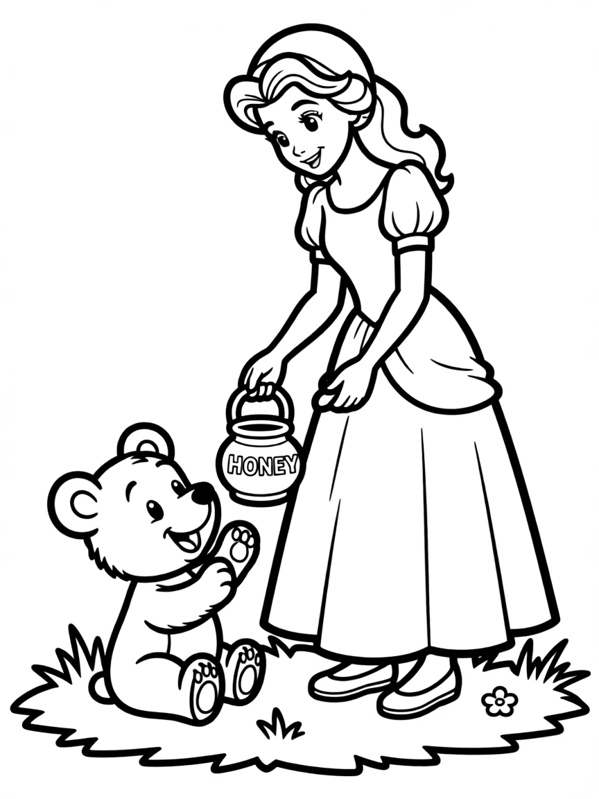 A Disney princess with a pet baby bear, giving it a honey pot.