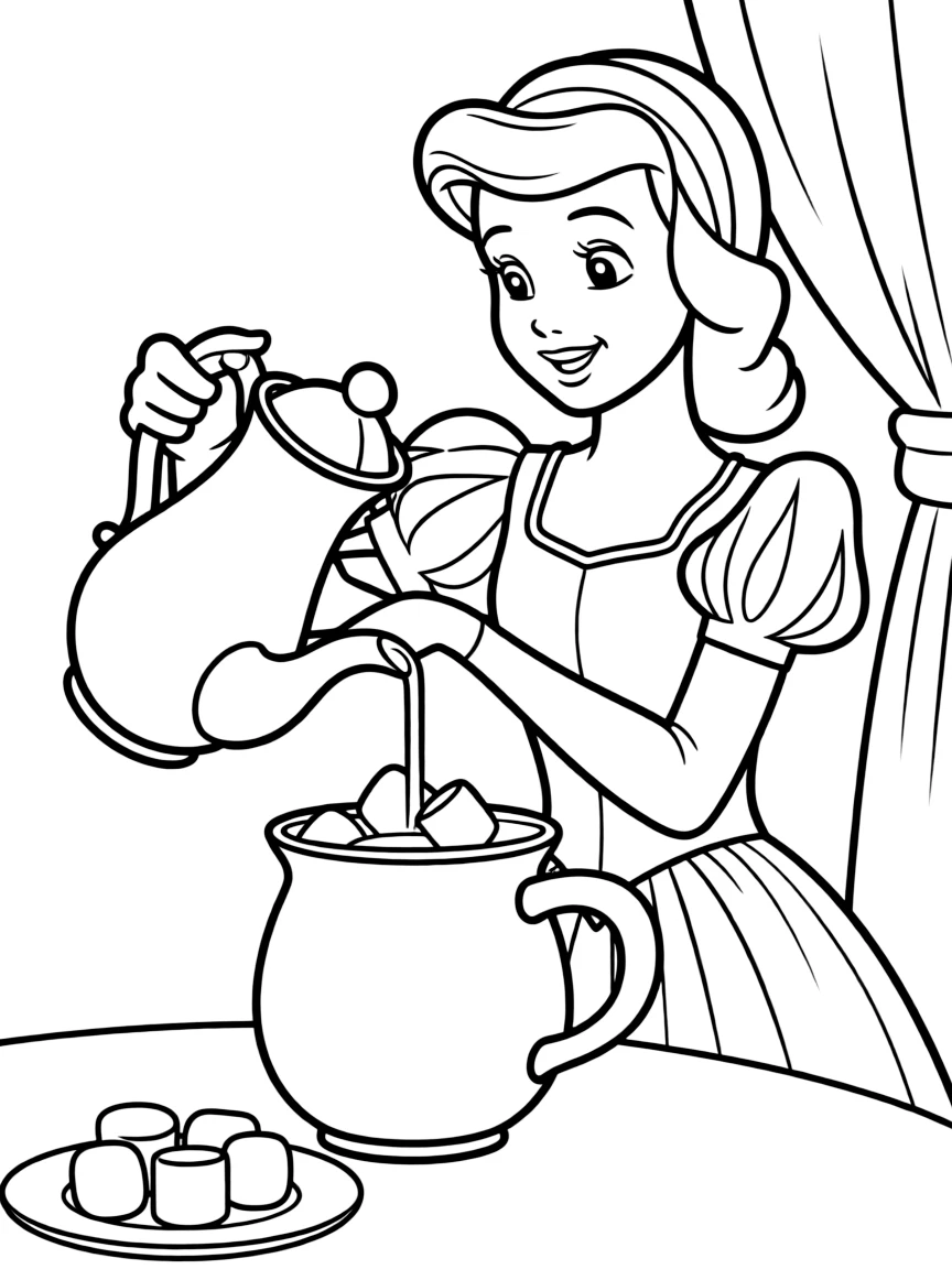 A Disney princess making a delicious, warm cup of hot chocolate with marshmallows.