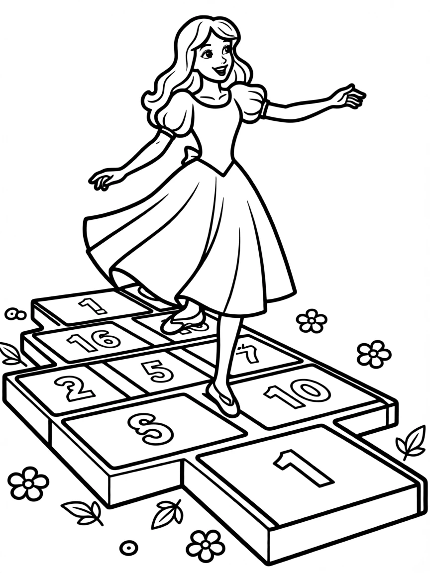 A Disney princess playing a game of giant hopscotch, skipping happily.