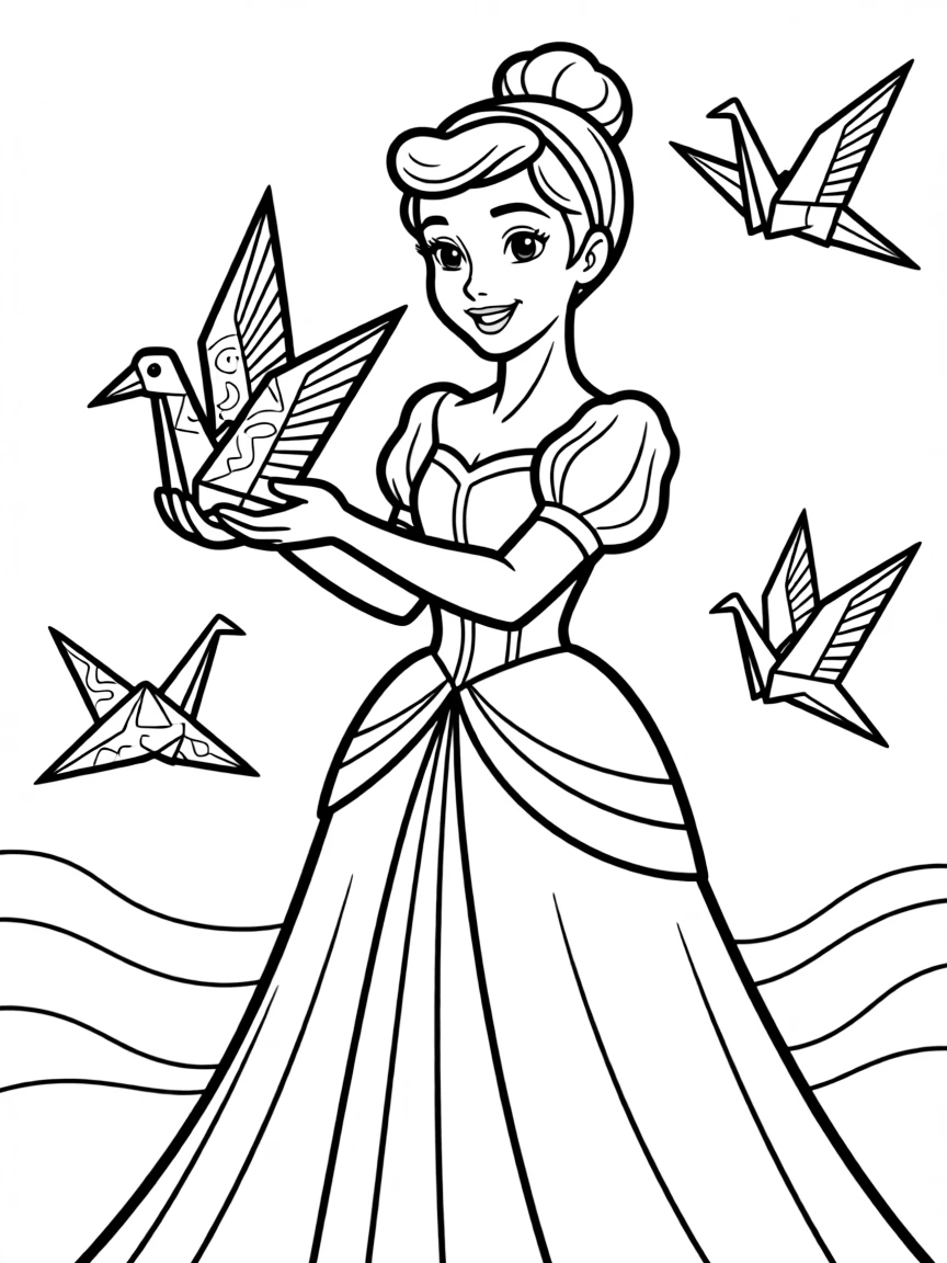 A Disney princess making a beautiful, colorful origami bird.
