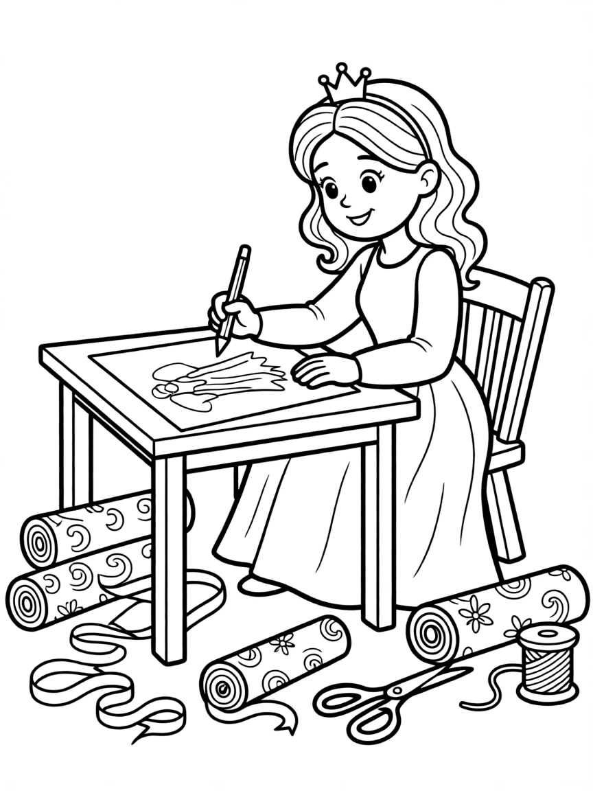 A princess sketching designs for new gowns, surrounded by fabrics and ribbons.