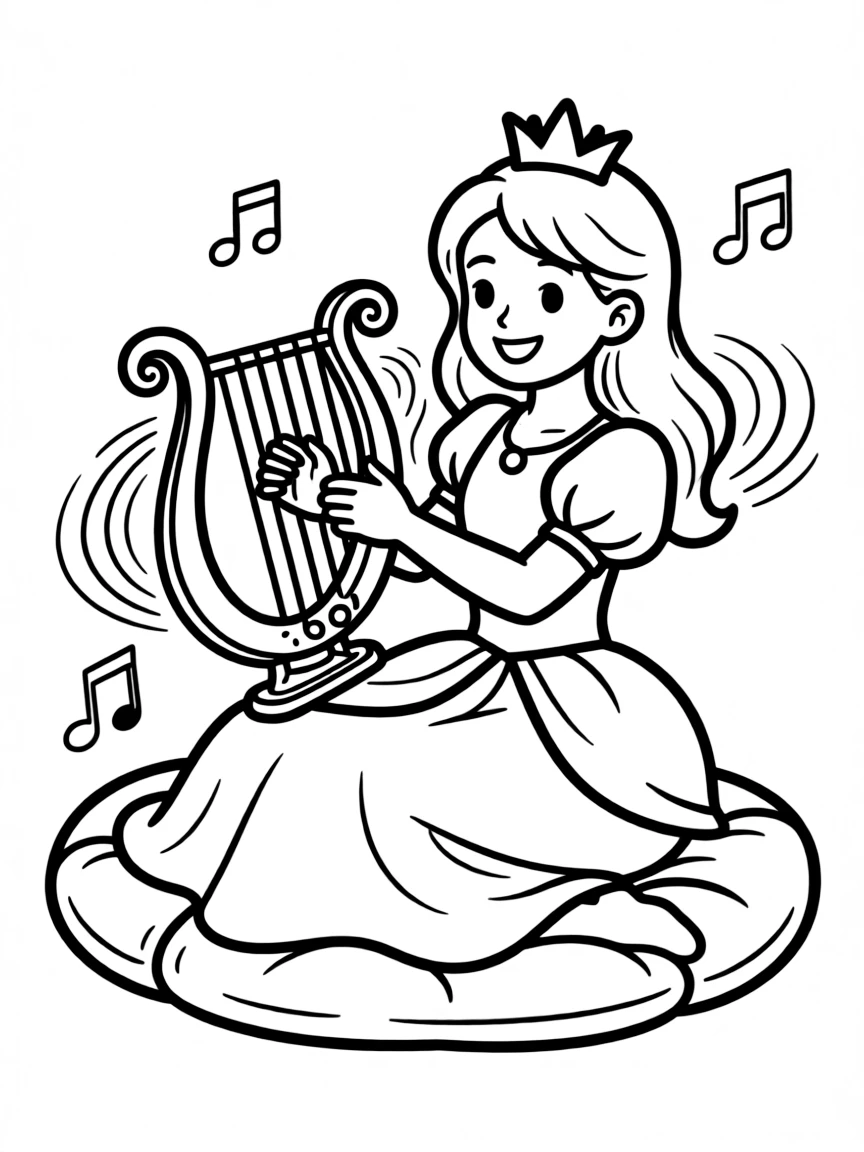 A princess learning to play a magical instrument that glows as she plays.