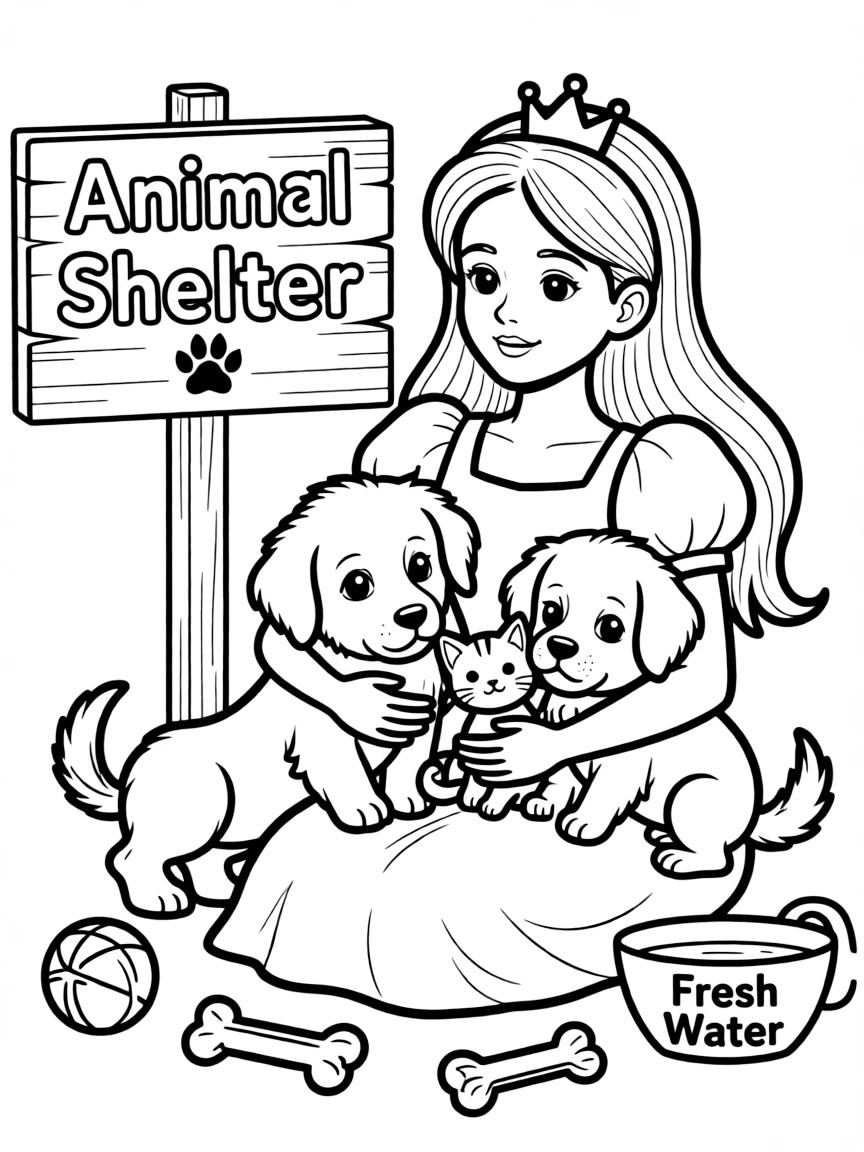 A princess volunteering at an animal shelter, cuddling puppies and kittens.