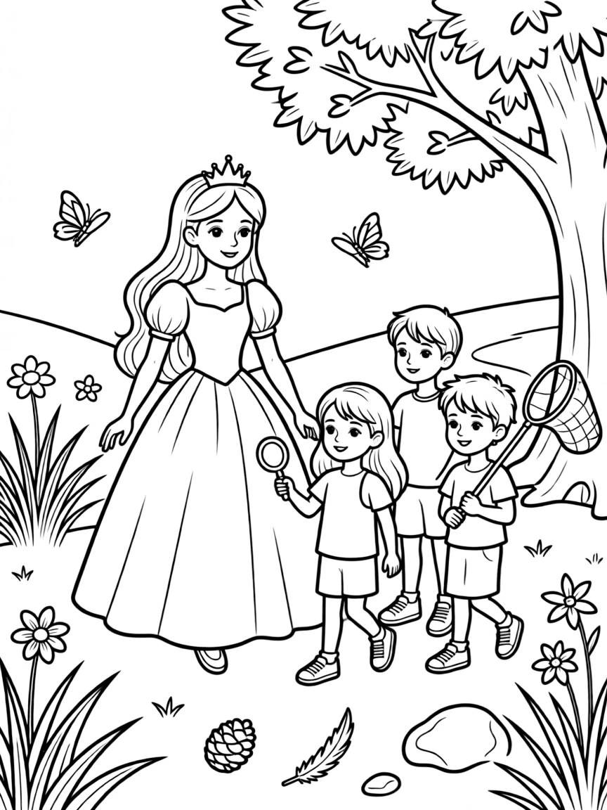 A princess leading a group of young children on a nature scavenger hunt.