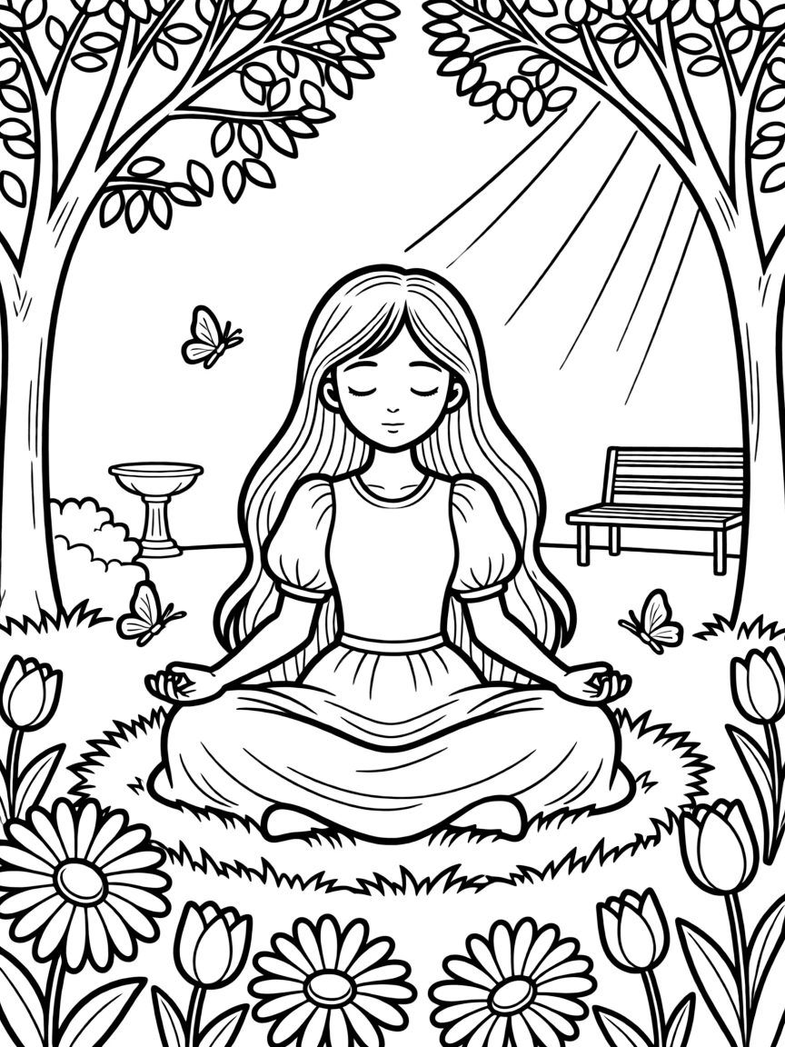 A princess having a quiet moment of meditation in a peaceful, sunlit garden.