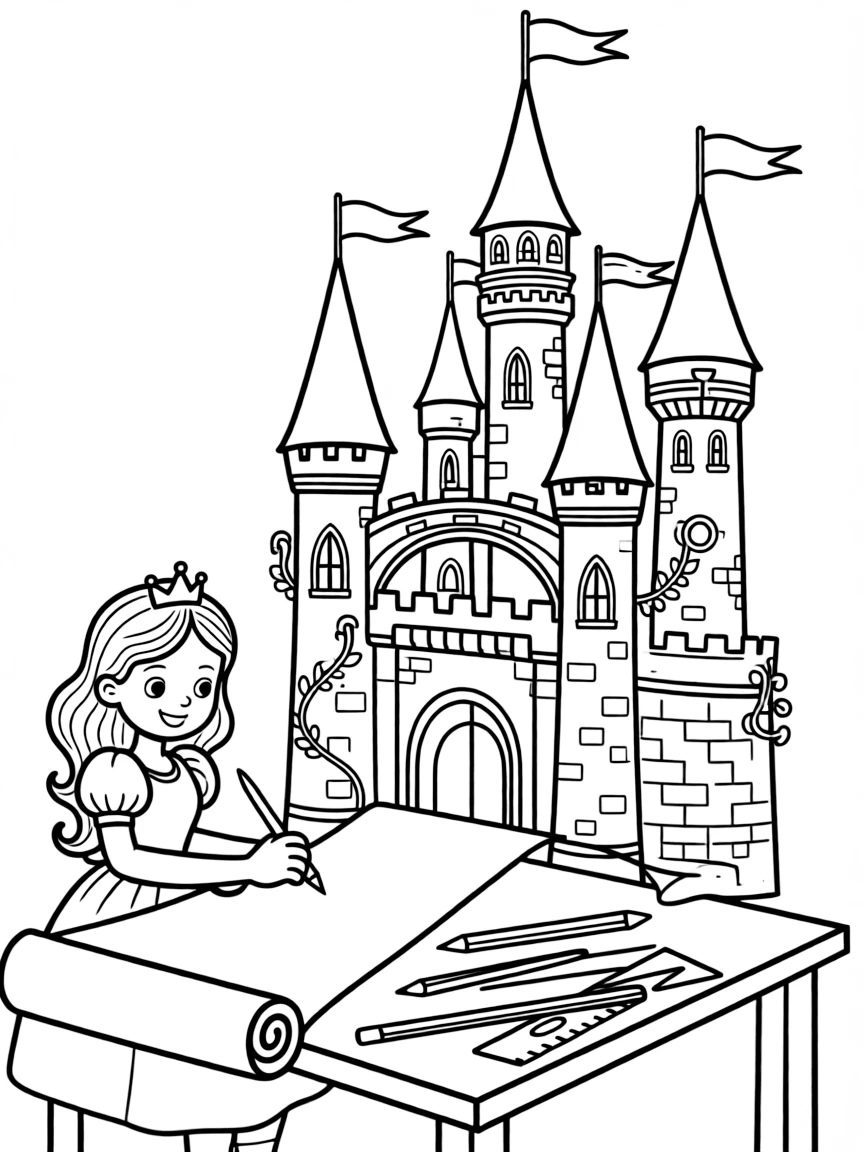 A princess designing a magnificent castle with intricate towers and bridges.