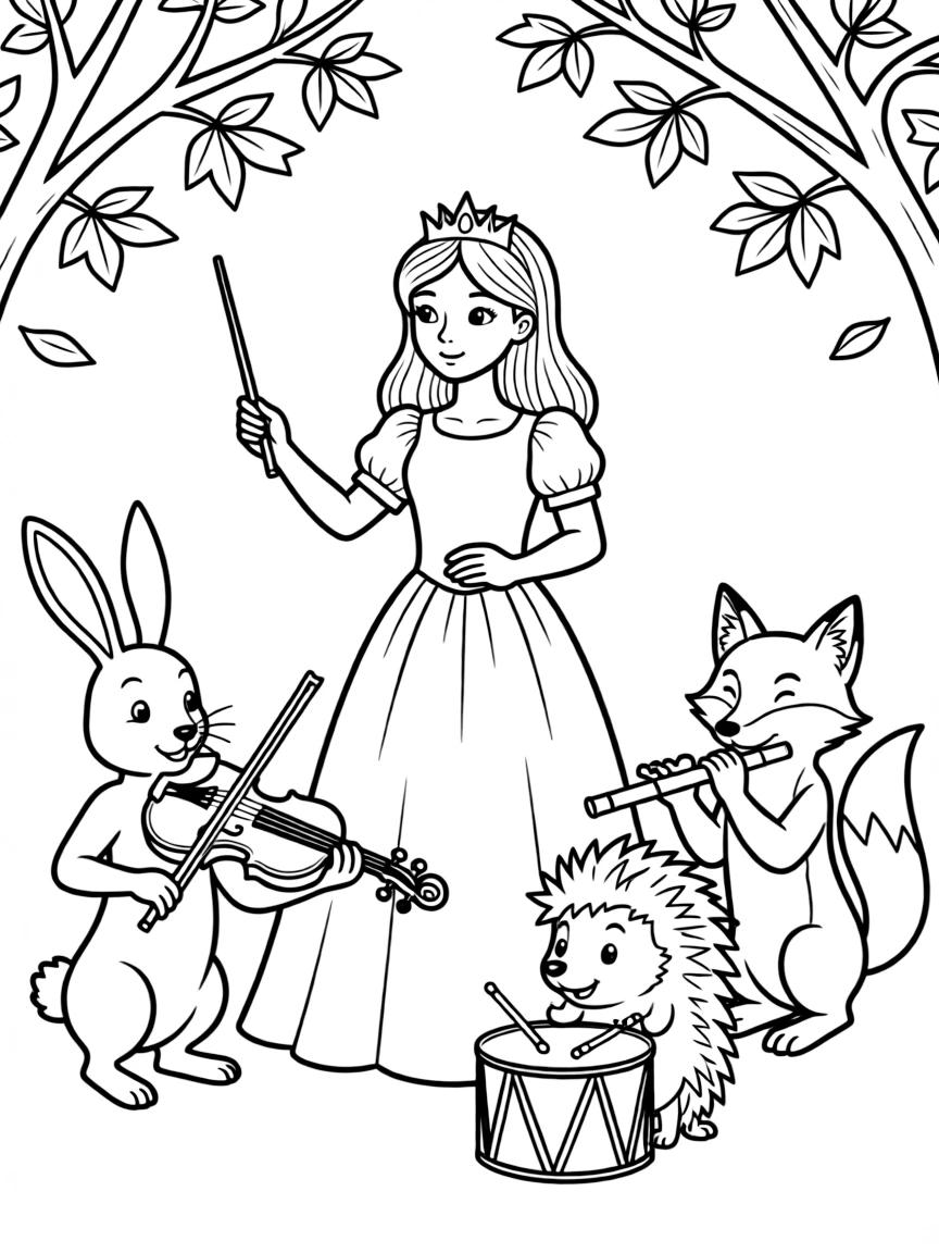 A princess conducting a small orchestra of woodland creatures, all playing instruments.