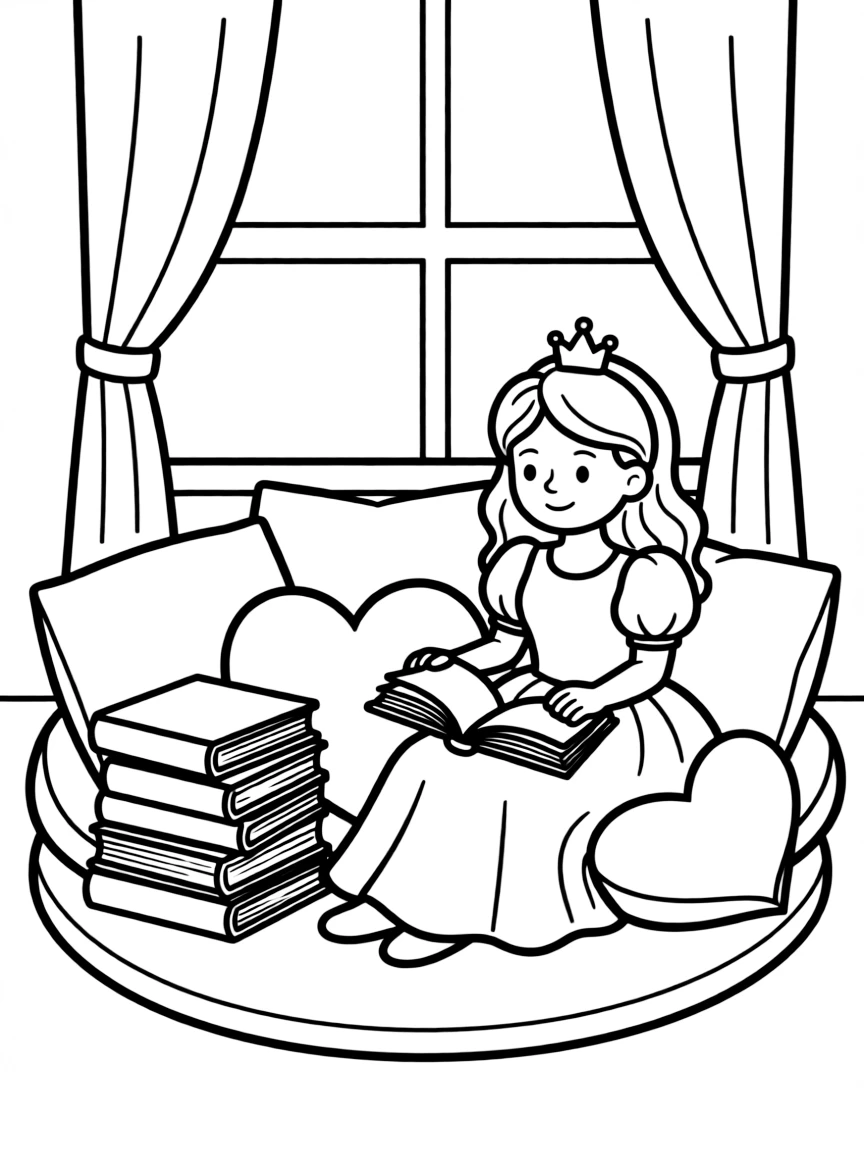 A princess in a cozy reading nook, surrounded by pillows and a stack of books.