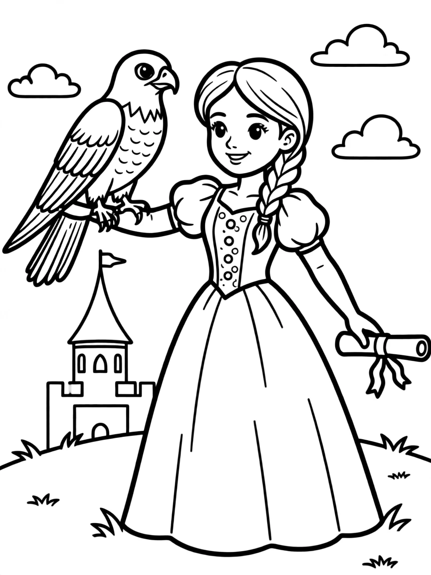 A princess training a falcon to deliver messages, with a majestic bird on her arm.