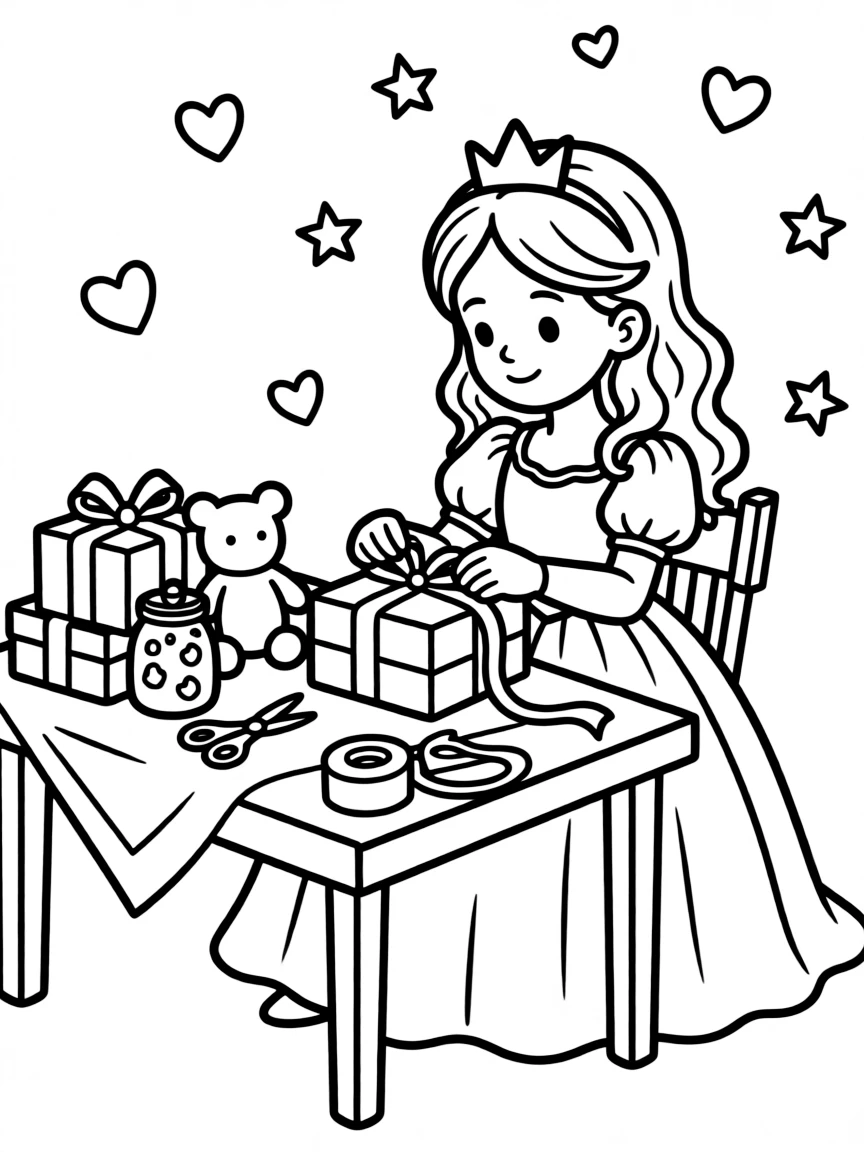 A princess making handmade gifts for her friends, wrapping them with care.