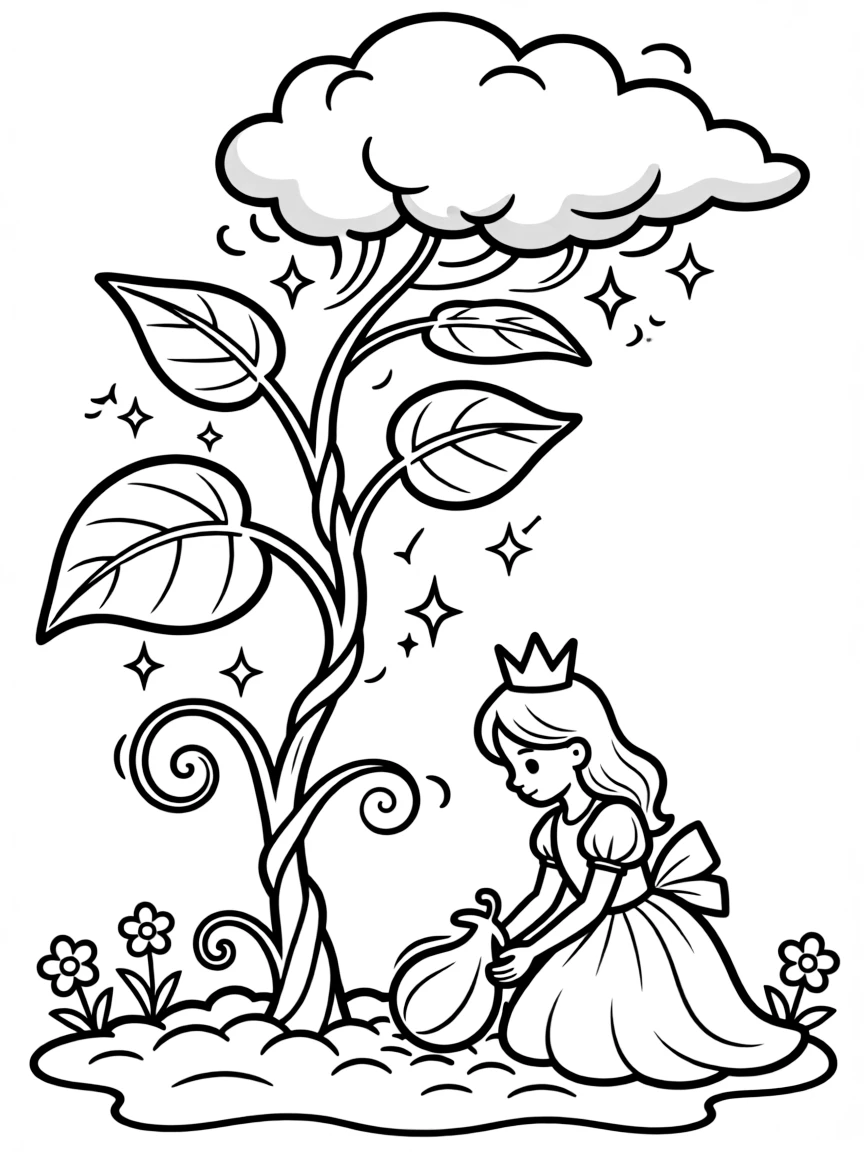 A princess planting a magical beanstalk that reaches up to the clouds.