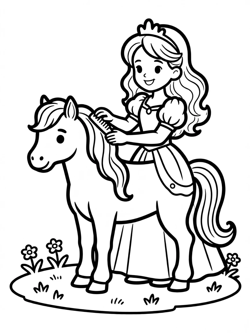 A princess with a pet miniature pony, brushing its soft mane.