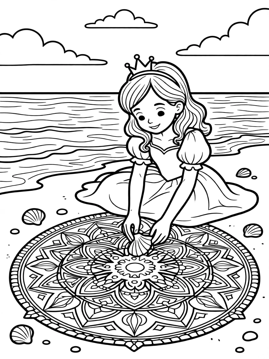 A princess creating a beautiful sand mandala on a calm beach.