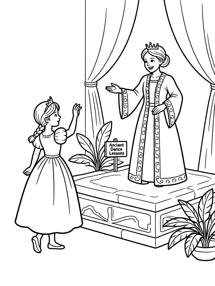 A princess learning ancient dances from a wise old queen.