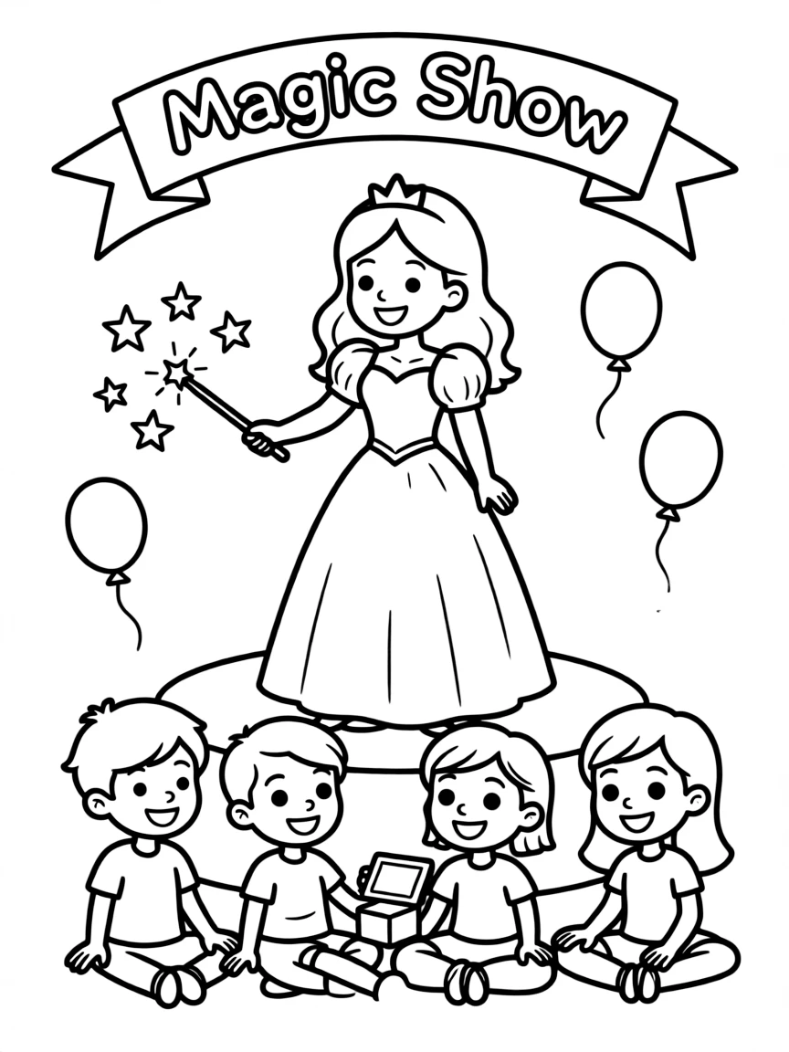 A princess performing a magic trick for a delighted audience of children.