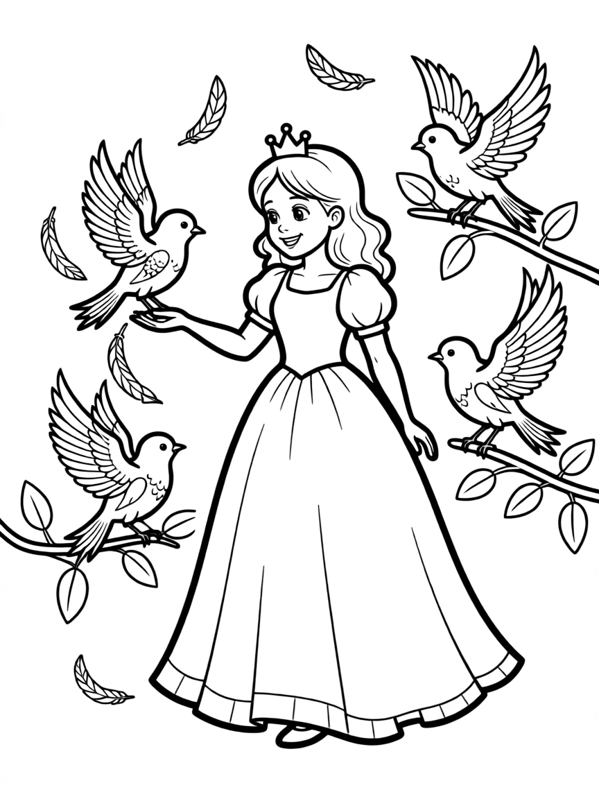 A princess collecting colorful feathers from enchanted birds.