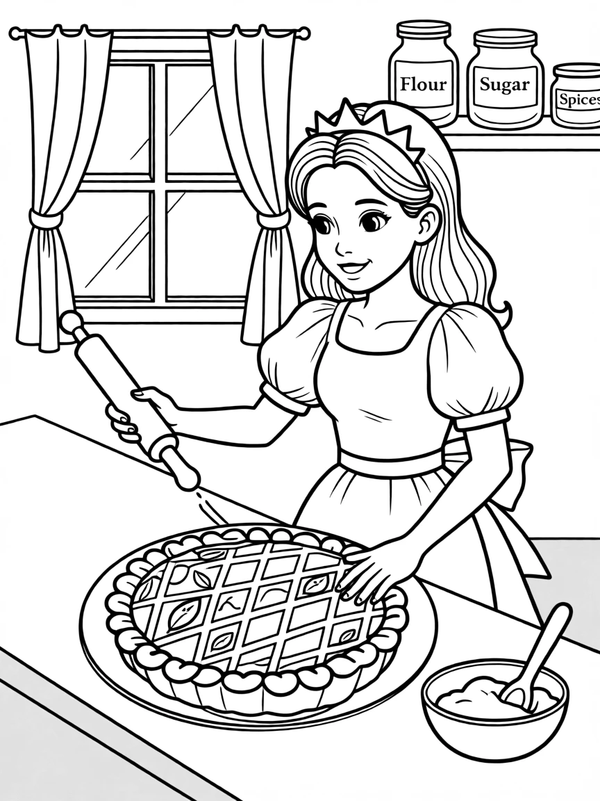 A princess making a delicious and beautifully decorated pie.