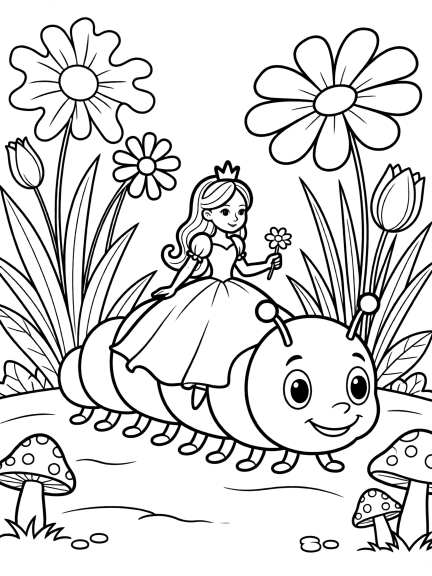 A princess riding a friendly giant caterpillar through a giant garden.