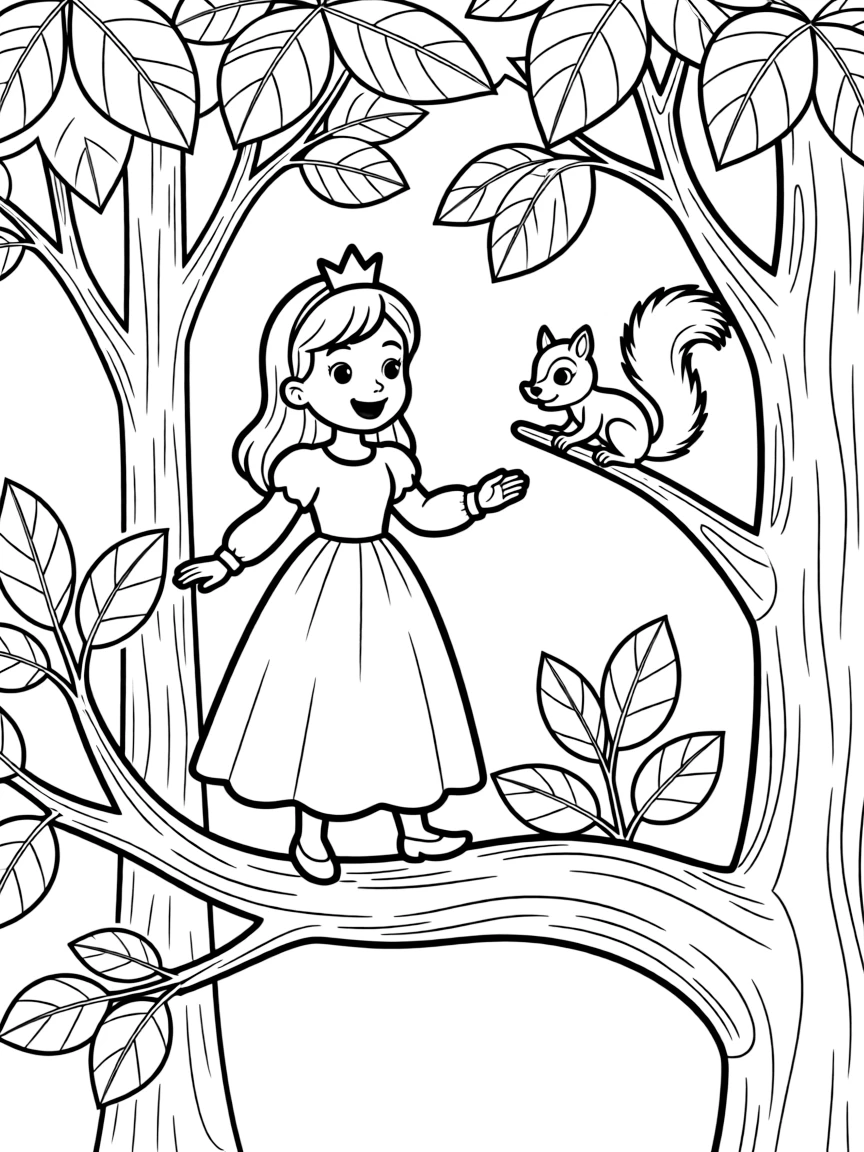 A princess with a pet flying squirrel, gliding from tree to tree.