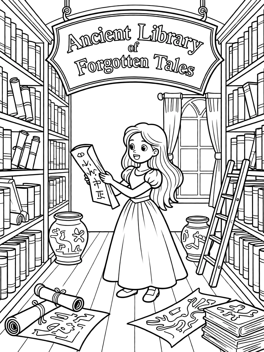 A princess exploring an ancient library filled with scrolls and forgotten tales.
