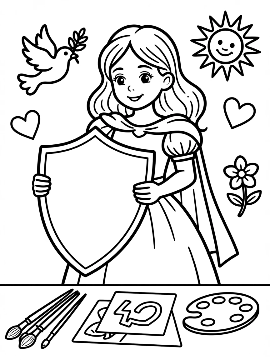 A princess designing a new crest for her kingdom, with symbols of peace and joy.