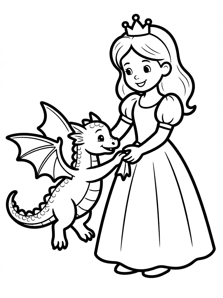 A princess teaching a baby dragon how to fly, gently guiding it.