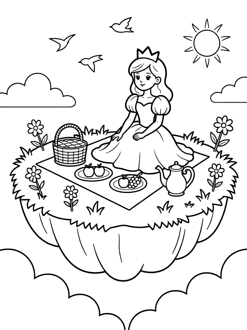 A princess having a picnic on a floating island in the sky.
