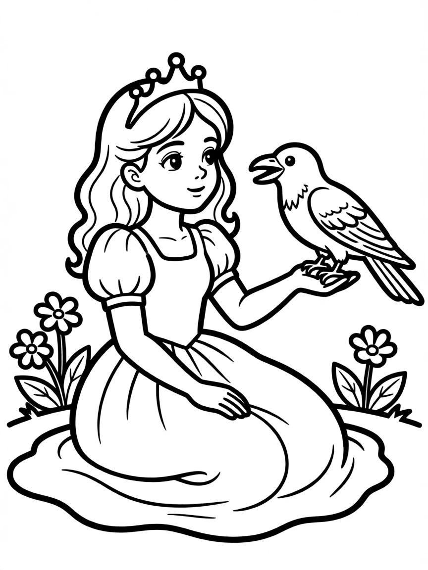 A princess with a pet talking raven, listening to its stories.
