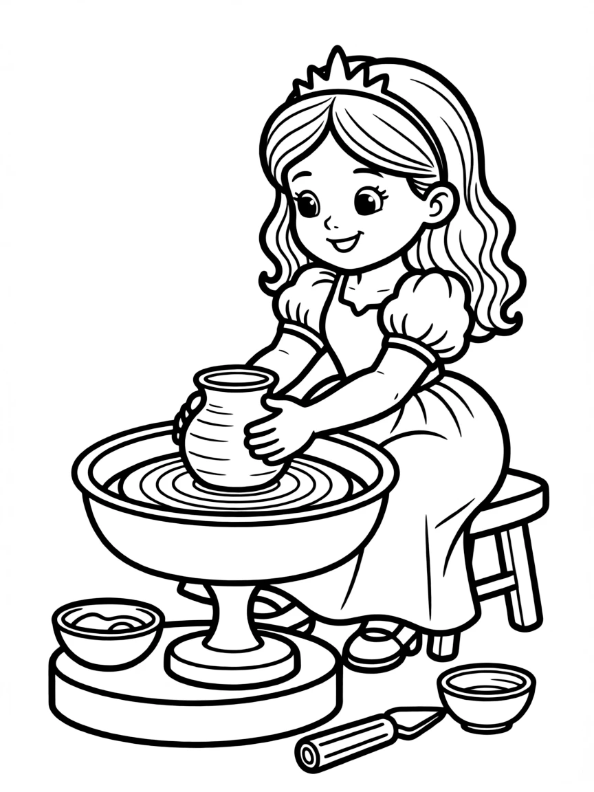 A princess making beautiful pottery on a spinning wheel.