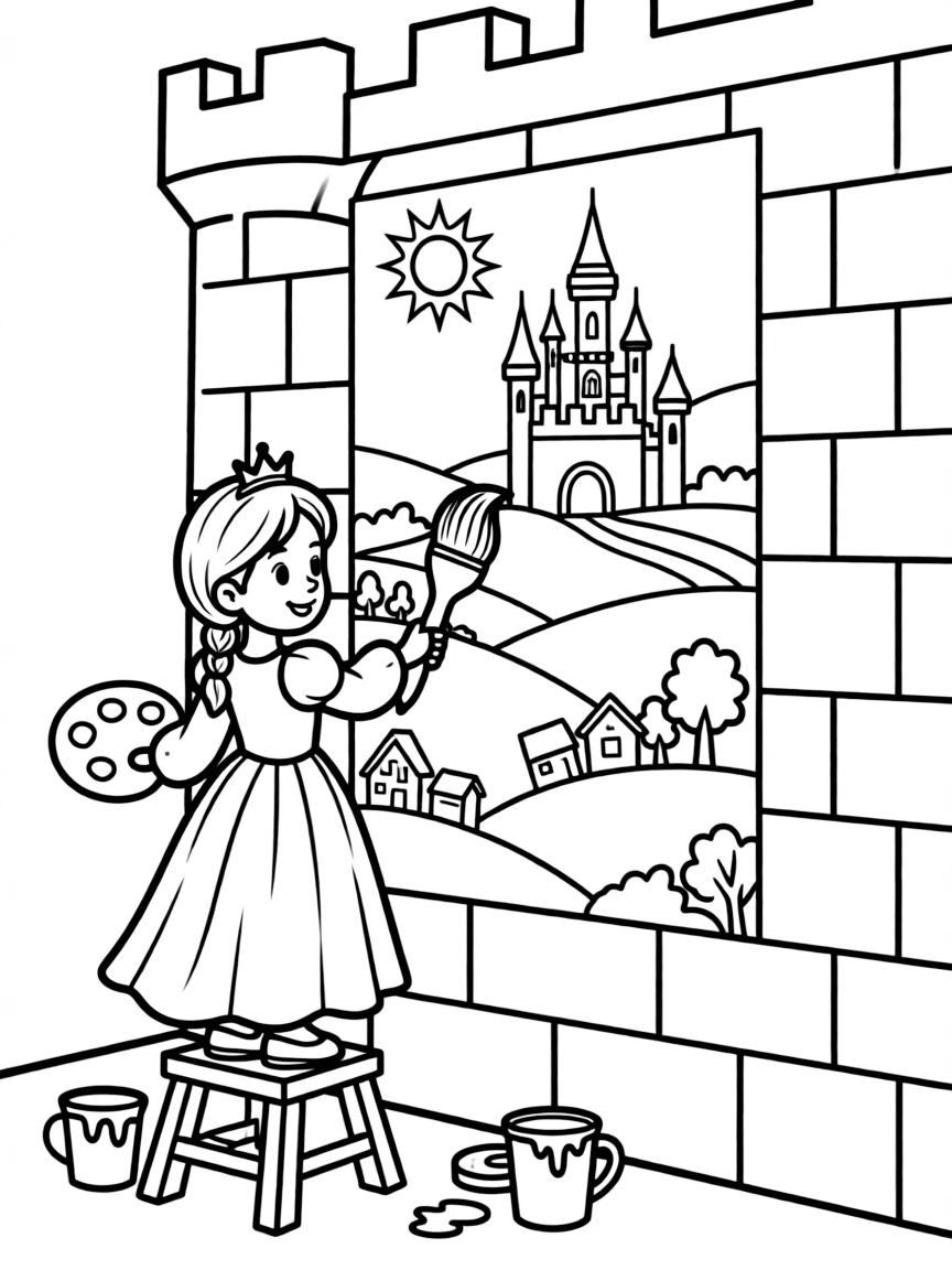 A princess creating a large mural on a castle wall, depicting her kingdom.