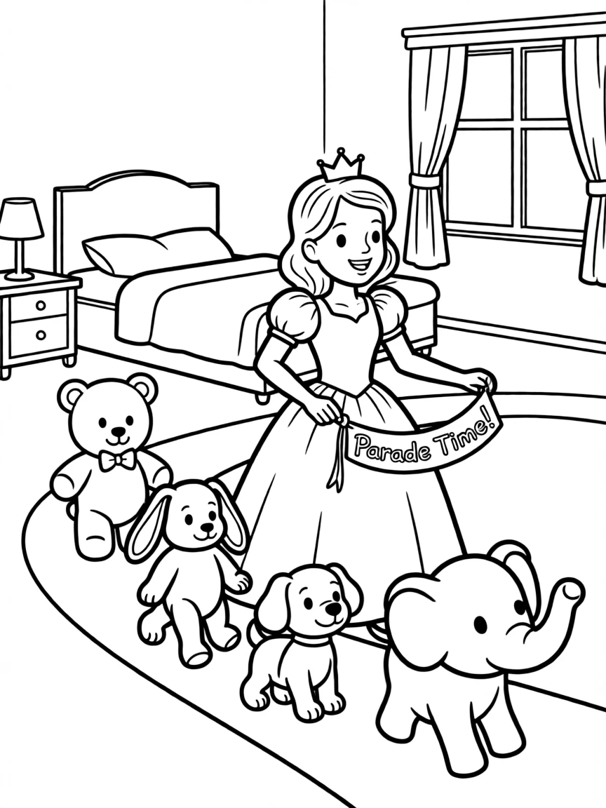 A princess leading a parade of adorable stuffed animals through her room.