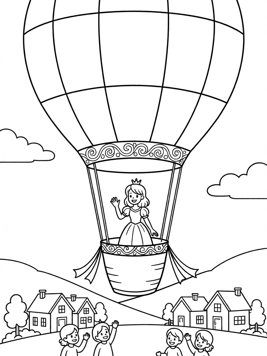 A princess in a majestic hot air balloon, waving to villagers below.