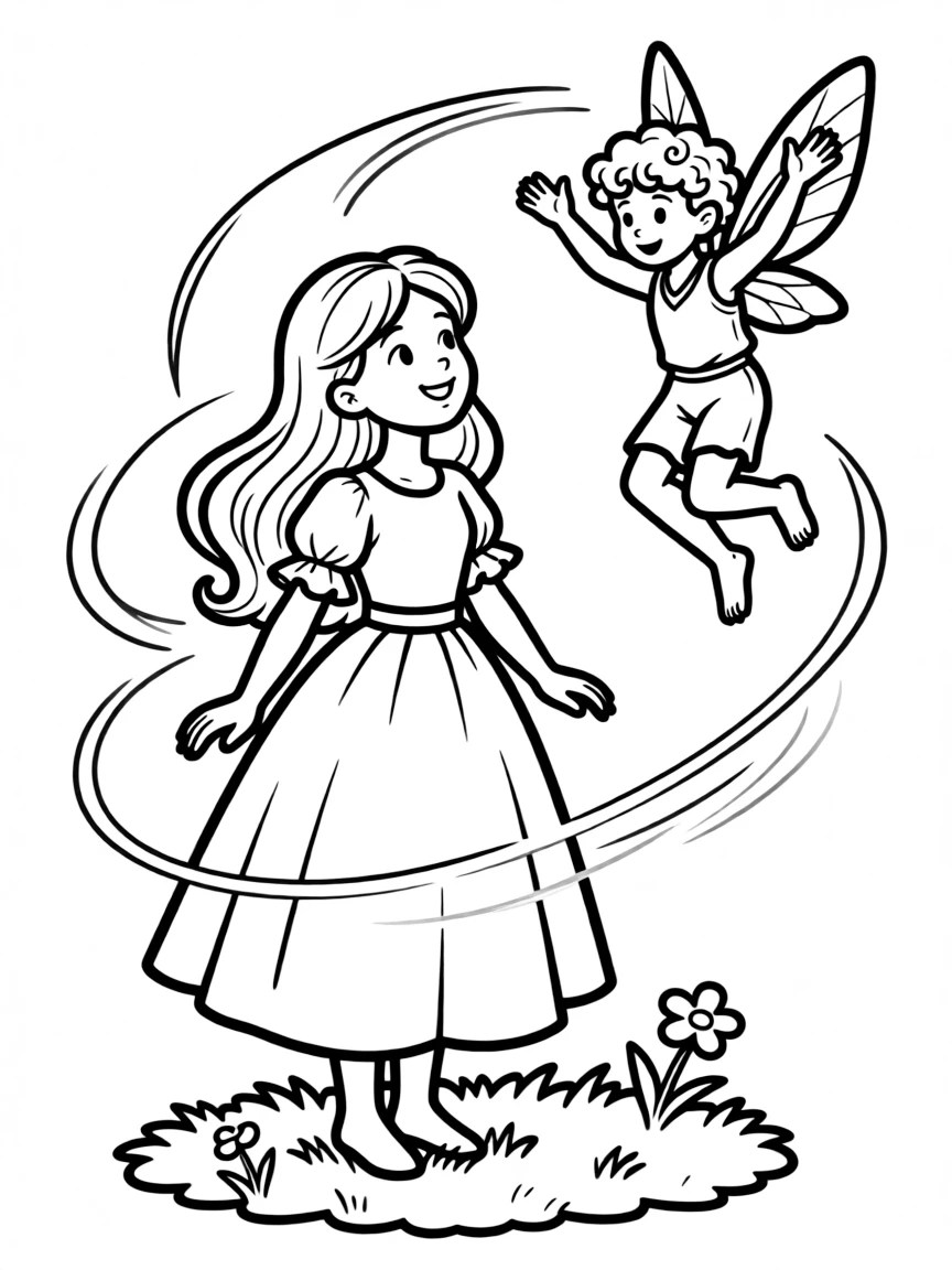 A princess with a pet playful sprite, dancing in the air.