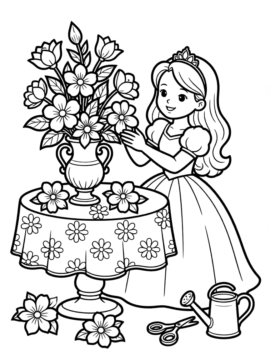 A princess making a beautiful, intricate flower arrangement.