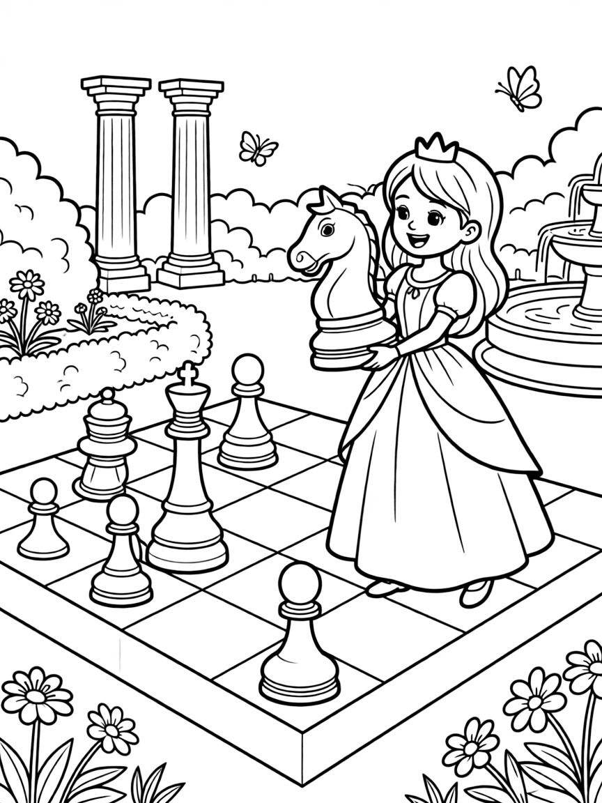 A princess playing a game of giant chess in a royal garden.