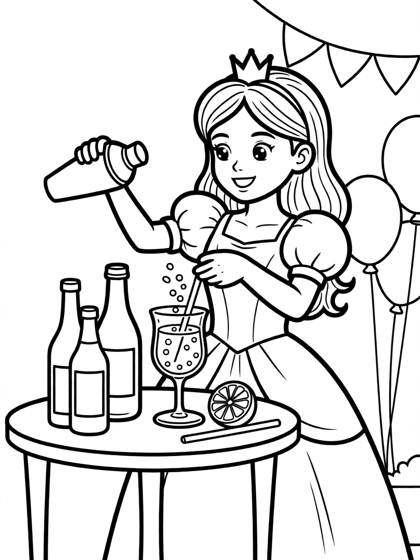 A princess making a delicious, sparkling mocktail for a party.