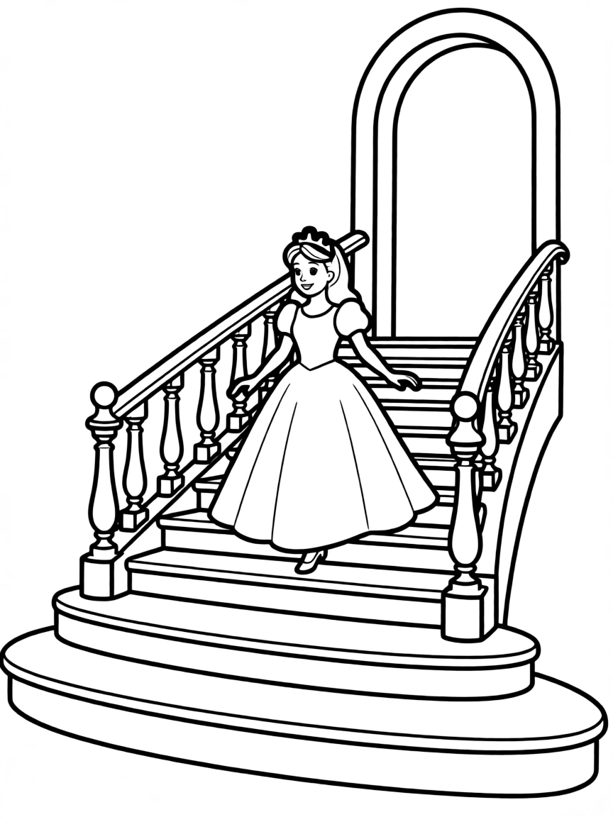 A princess on a grand staircase, gracefully descending to a ball.