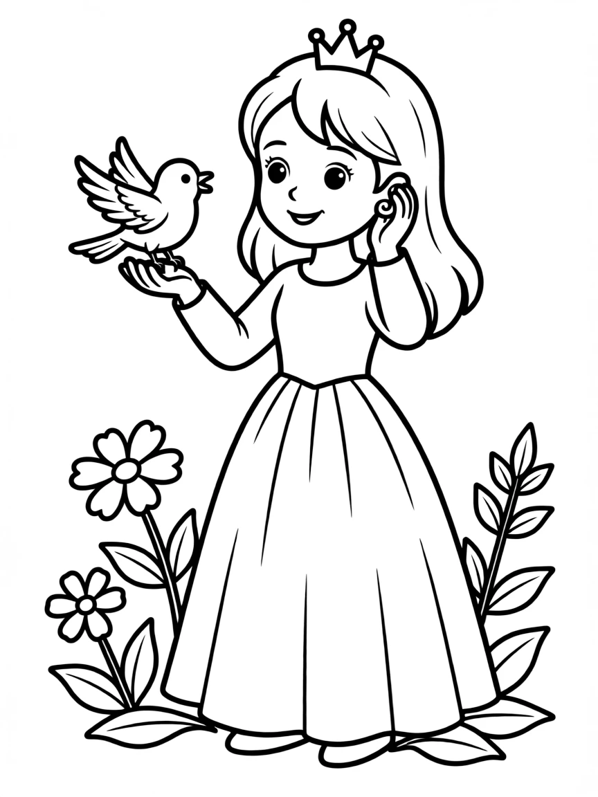A princess with a pet singing bird, listening to its melody.
