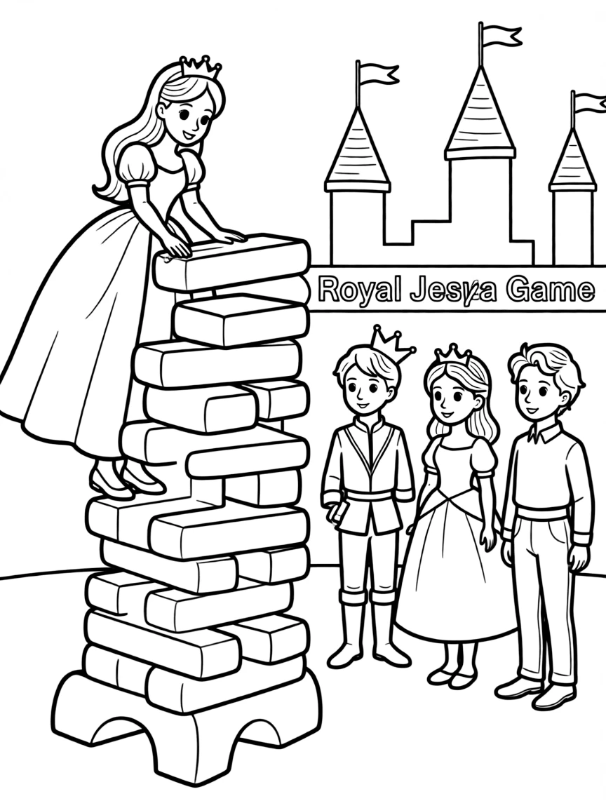 A princess playing a game of giant Jenga with her royal friends.