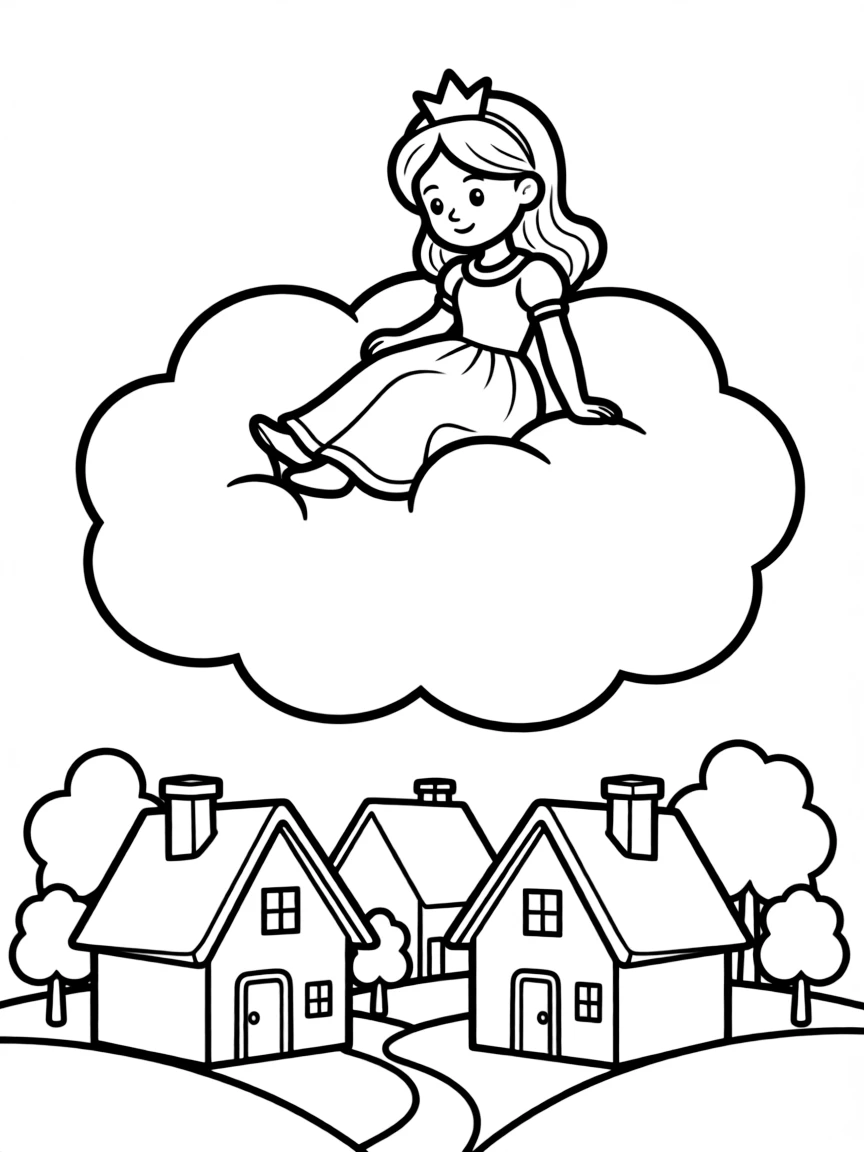 A princess on a friendly cloud, looking down at a sleeping village.