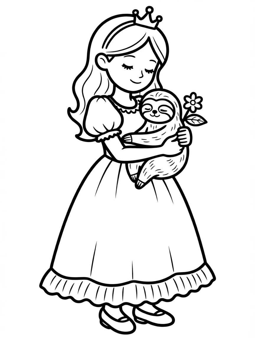 A princess with a pet baby sloth, giving it a gentle hug.