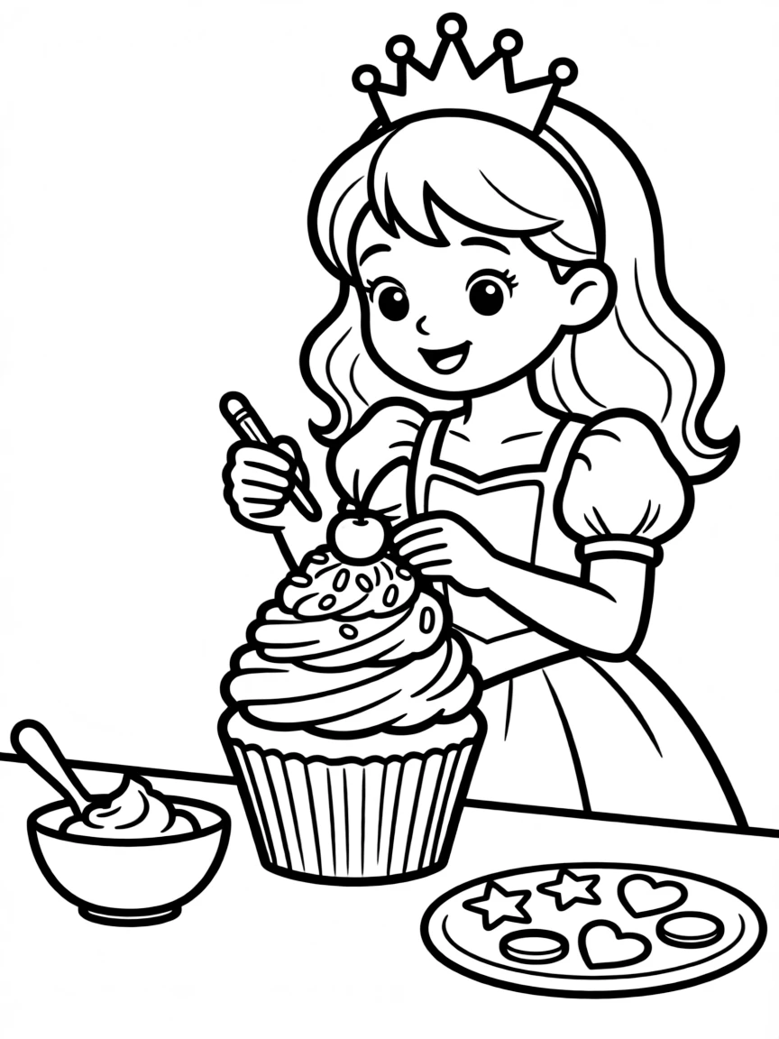 A princess making a delicious, decorative cupcake with frosting.
