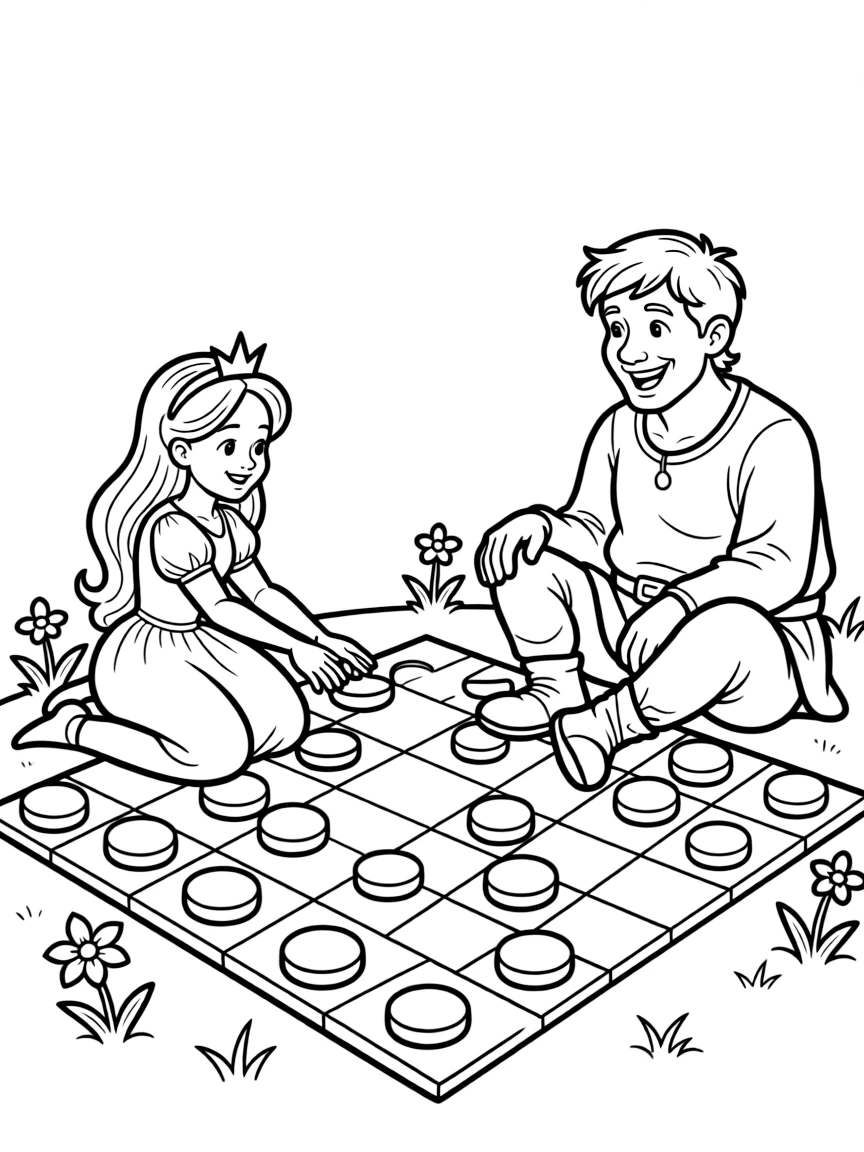 A princess playing a game of giant checkers with a friendly ogre.