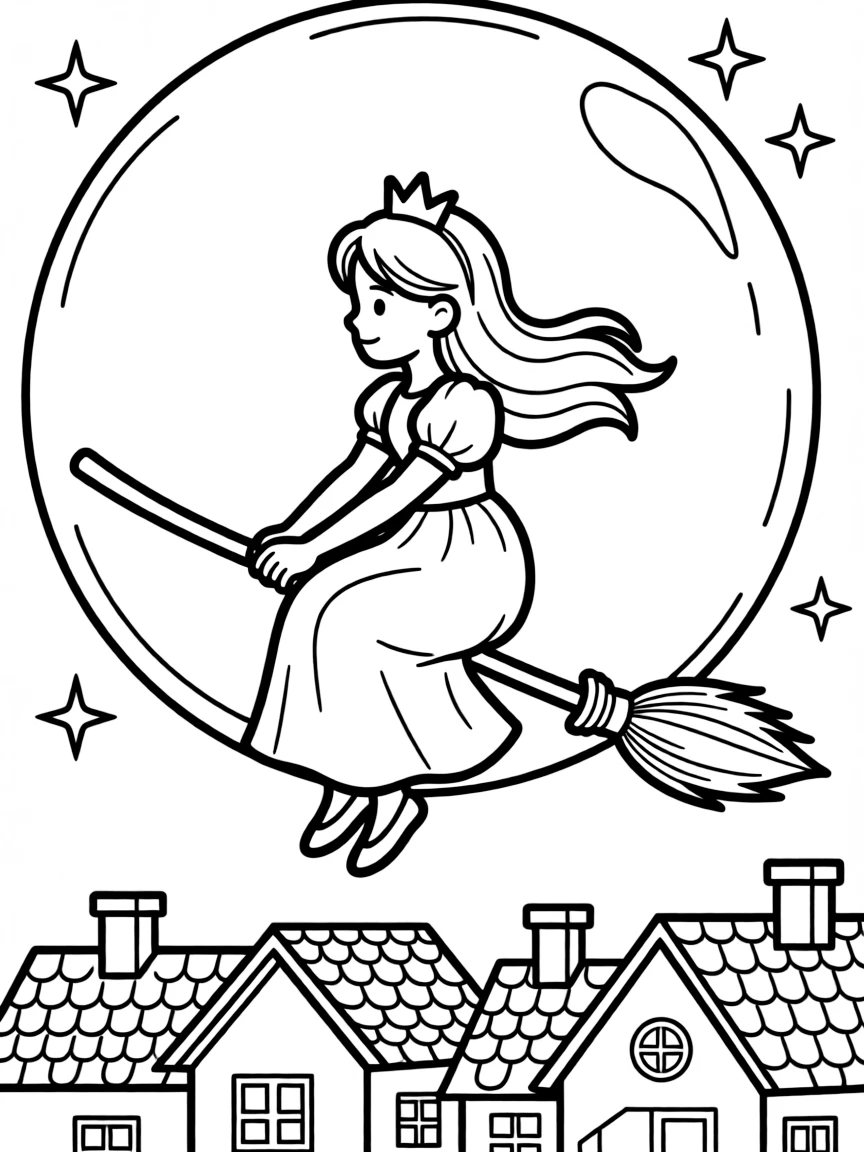 A princess on a flying broomstick, soaring over moonlit rooftops.