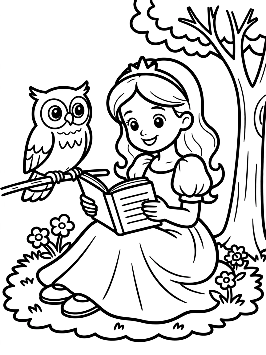 A princess with a pet wise owl, reading a book together.