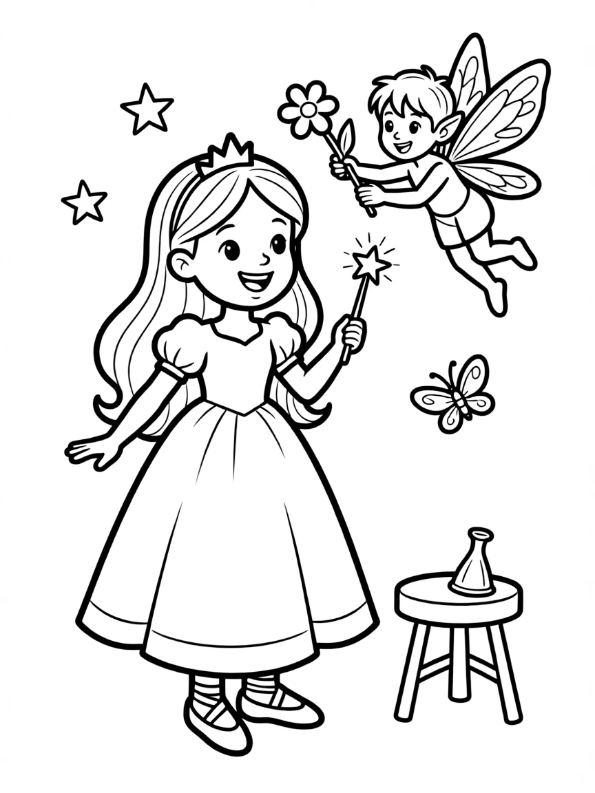 A princess with a pet mischievous pixie, playing pranks.