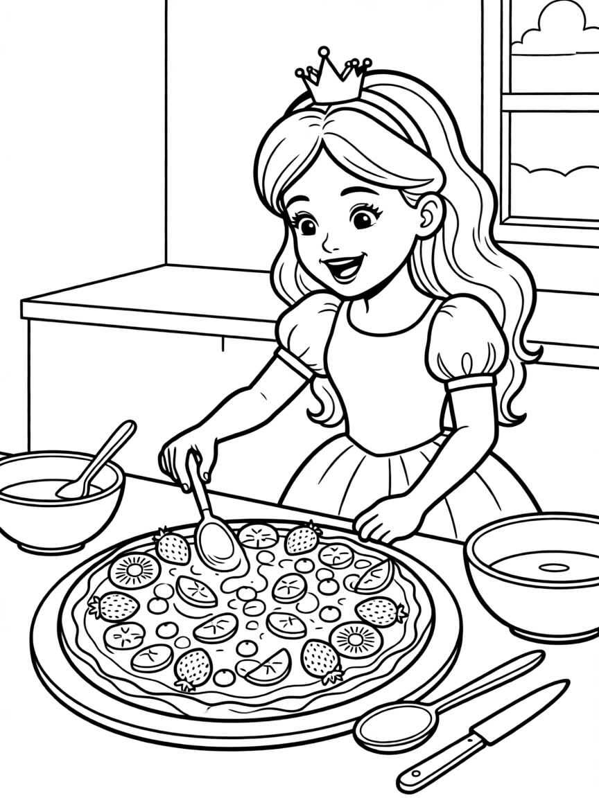A princess making a delicious, colorful fruit pizza.